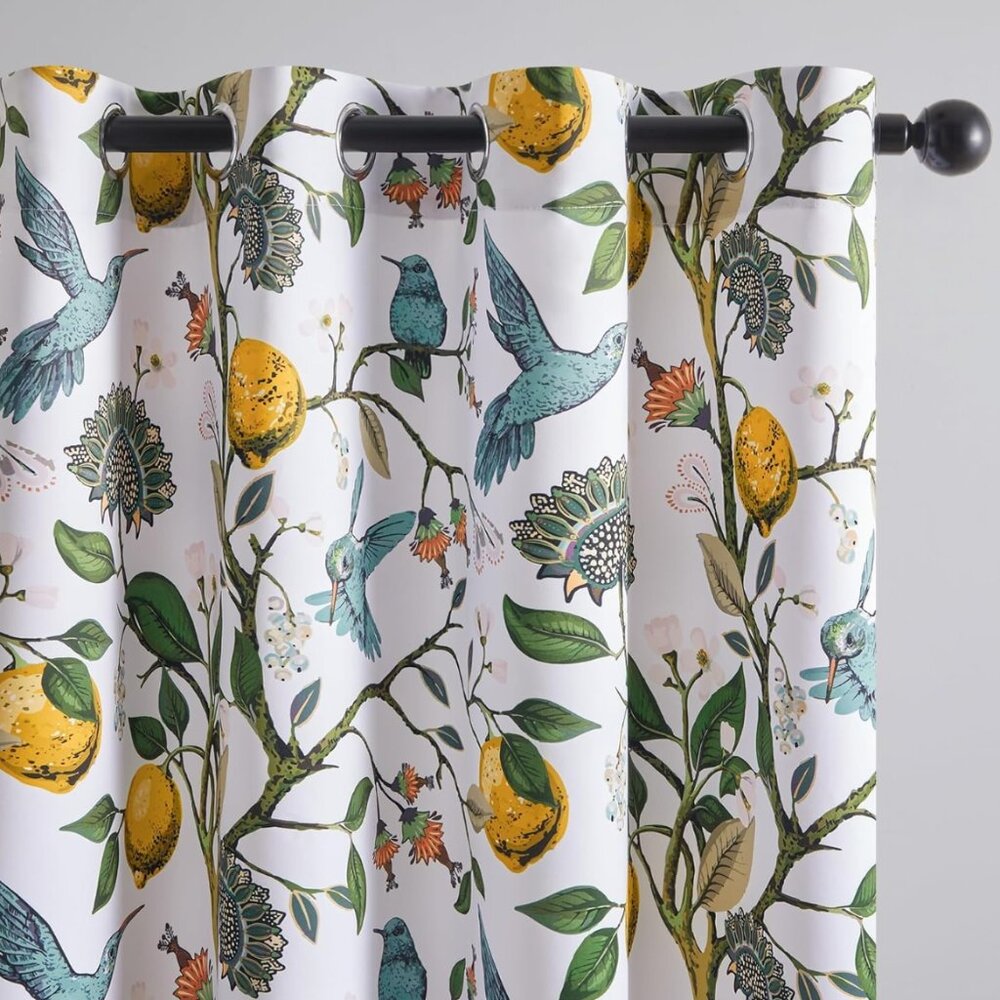 Floral Lemon Hummingbird Curtains Patterned Waverly Mid-Century Style
